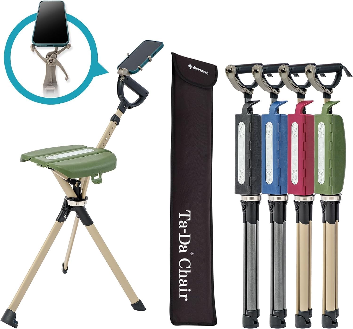 STEP2GOLD Ta-Da Chair Green Series 2 PRO, Portable Trekking Hiking Pole, Folding Walking Stick with Seat, Walking Cane with Chair, Foldable Chair, Lightweight Aluminum, Easy Carry and Storage, Anti-Slip